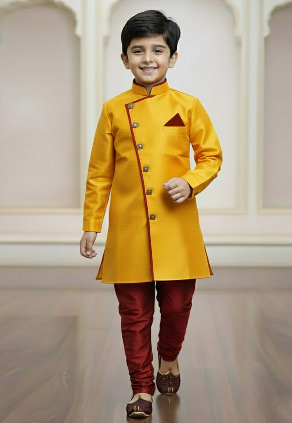 Yellow Jute Silk Kids Indo Western Suit 319646