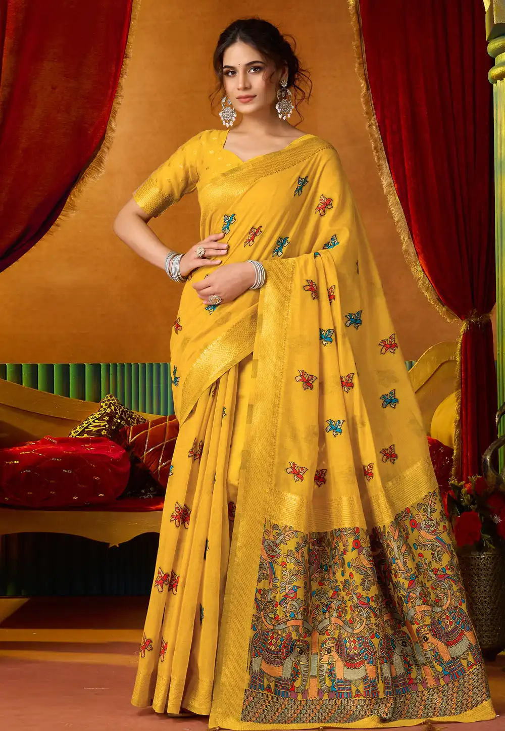 Yellow Khadi Cotton Saree With Blouse 325397