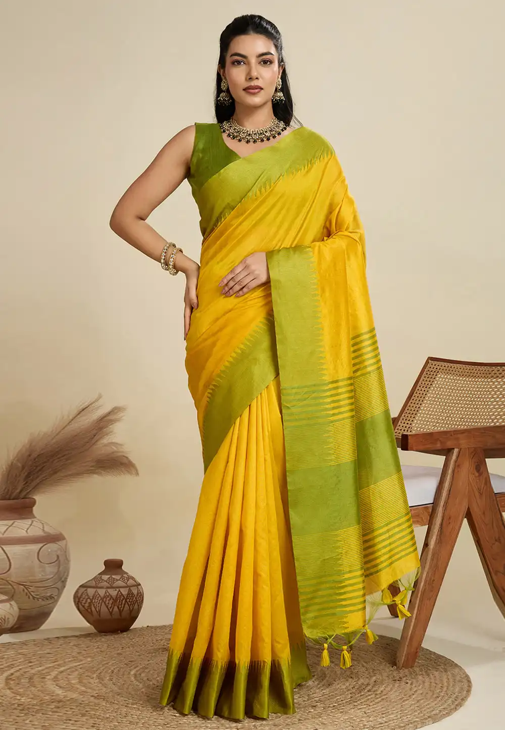 Yellow Khadi Saree With Blouse 314068