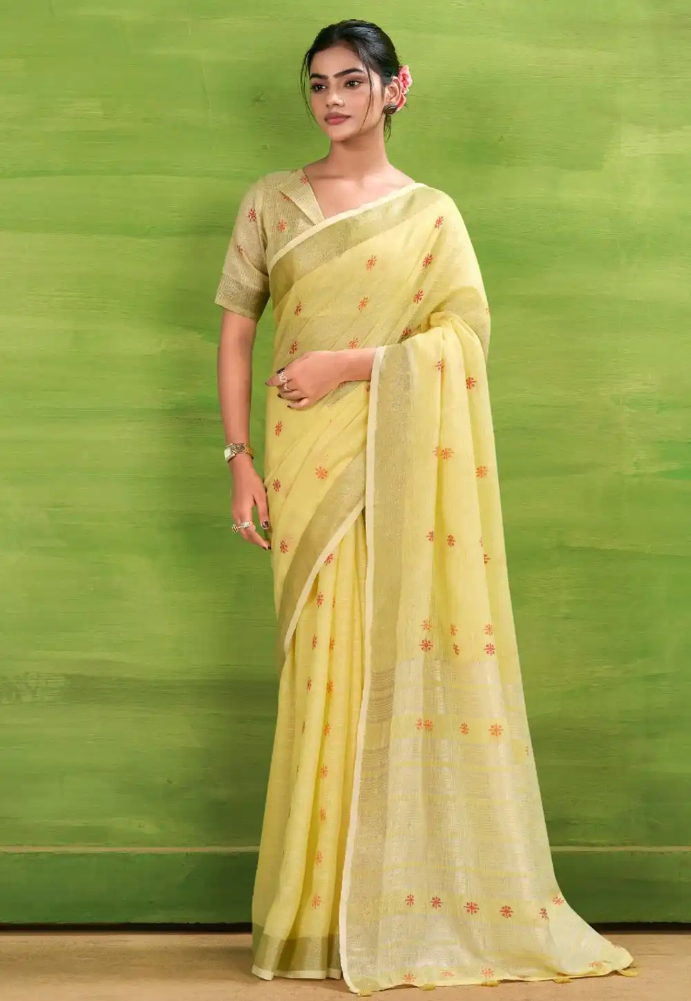 Yellow Linen Saree With Blouse 315377