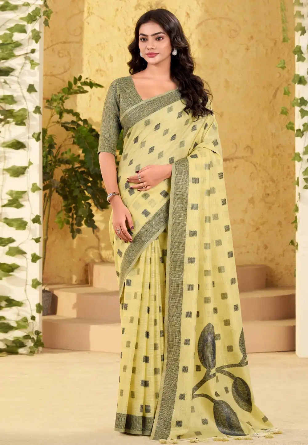 Yellow Linen Saree With Blouse 321129