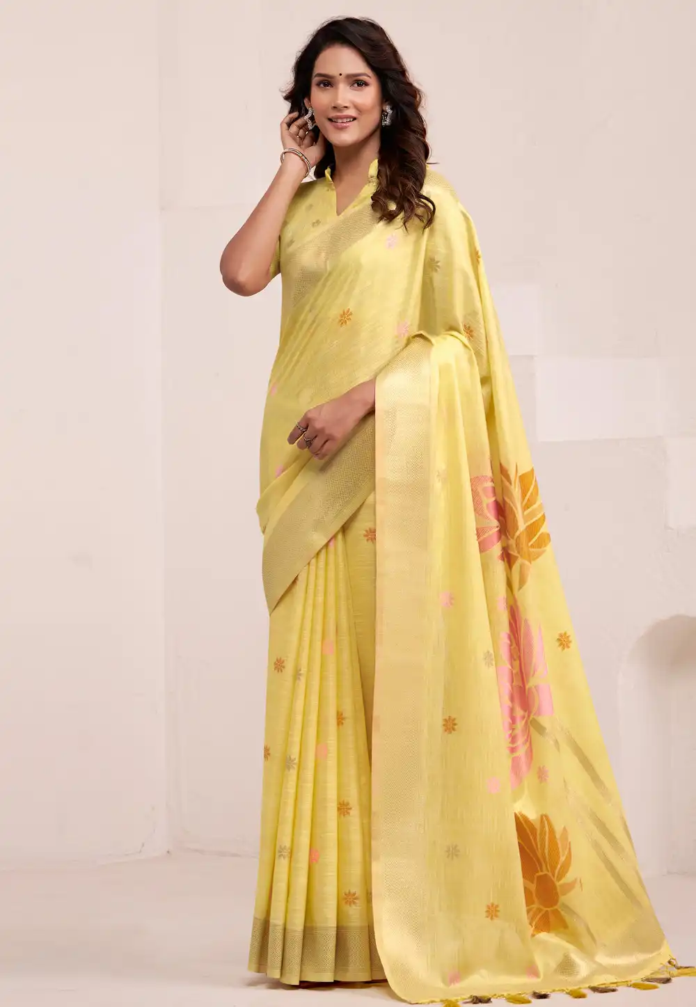 Yellow Linen Saree With Blouse 316914