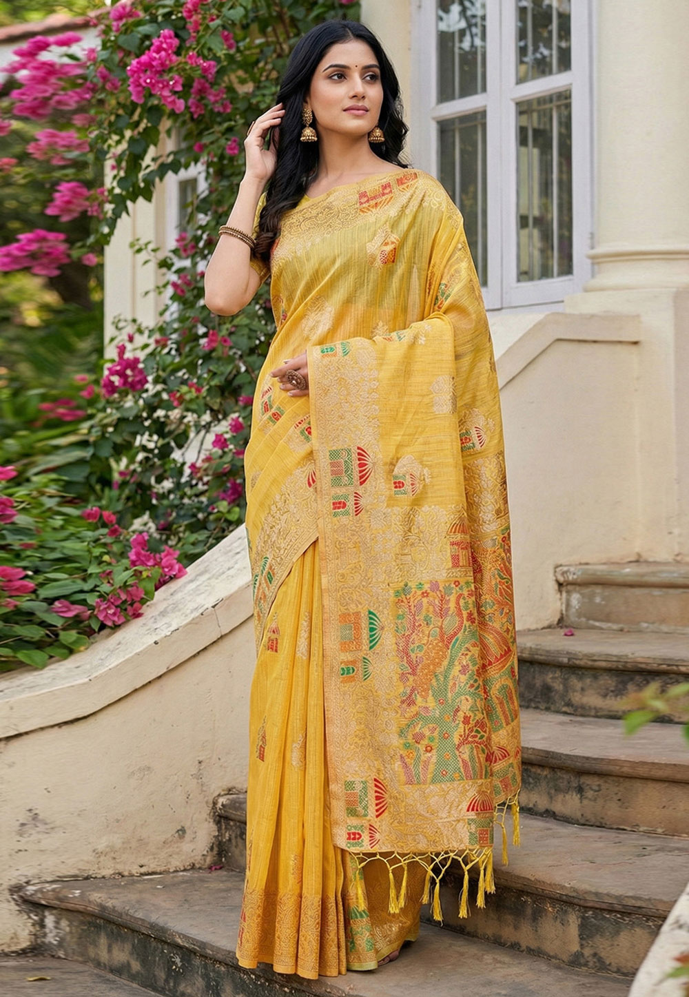 Yellow Linen Saree With Blouse 325661