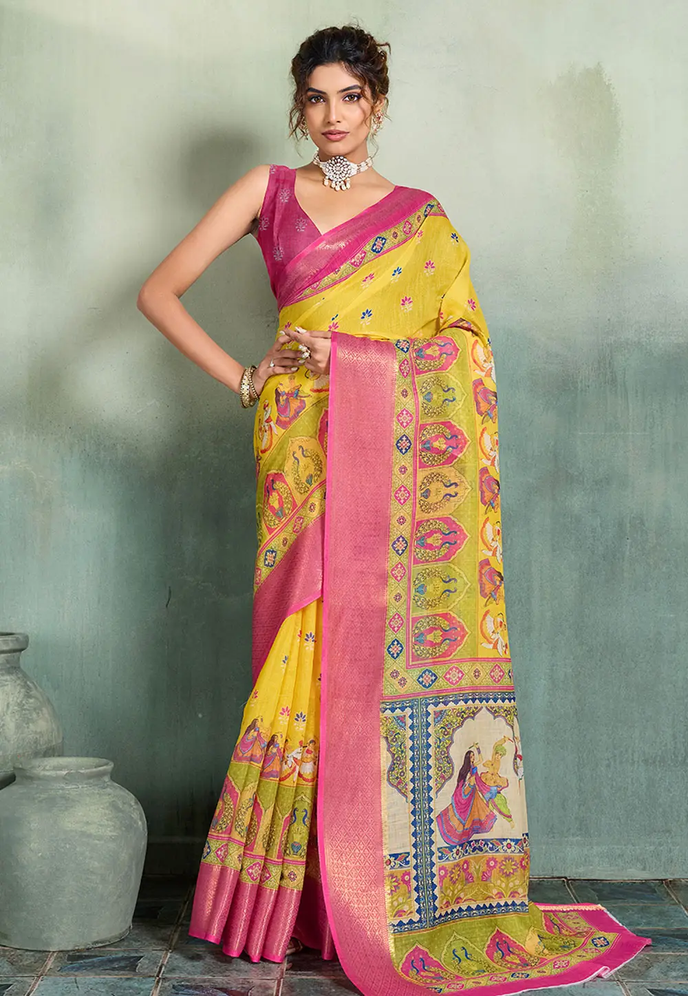 Yellow Linen Saree With Blouse 334522