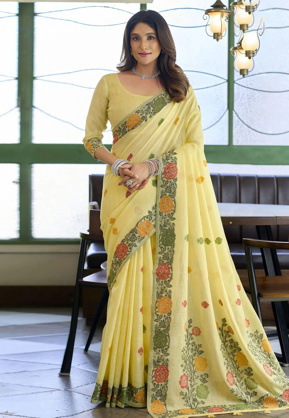 Yellow Linen Saree With Blouse 336610