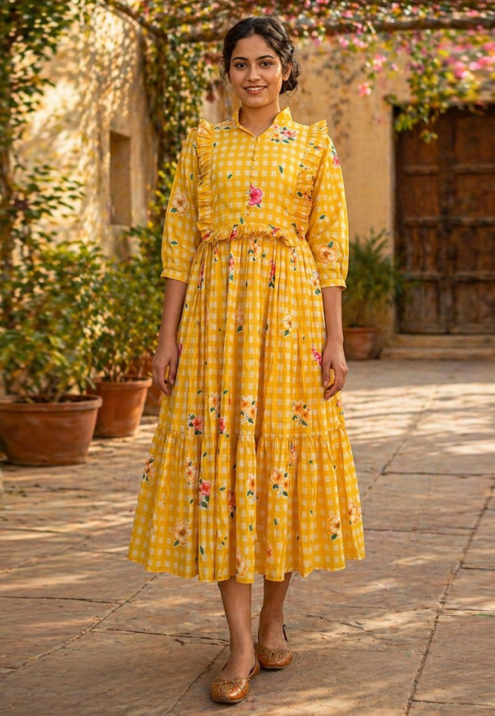 Yellow Muslin Printed Gown 328250
