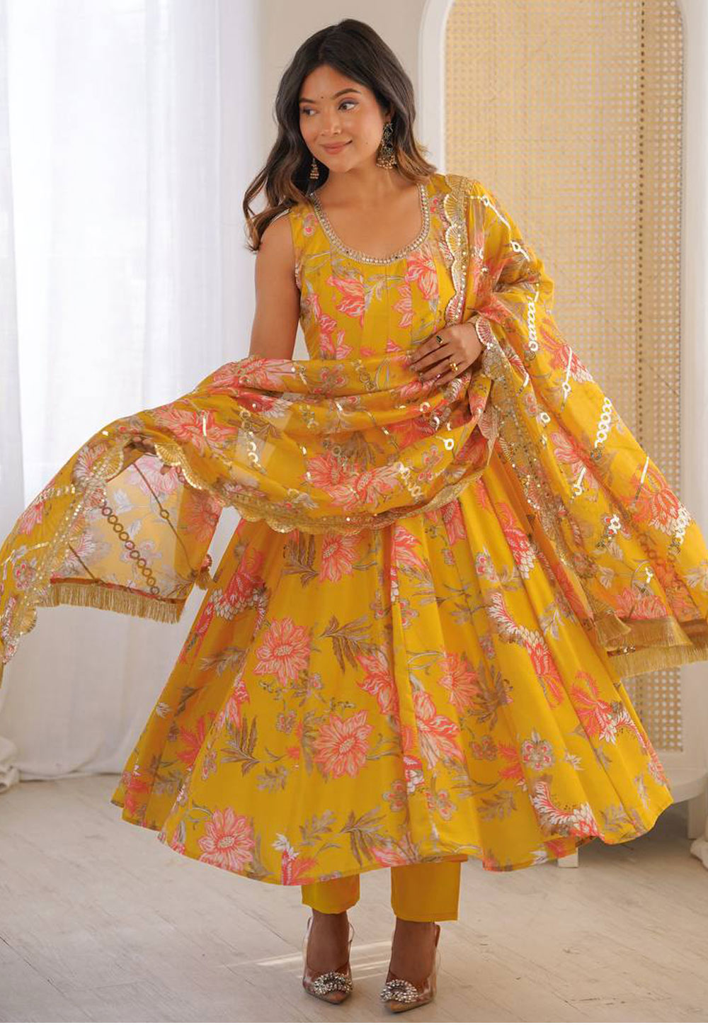Yellow Muslin Readymade Anarkali Suit 326781