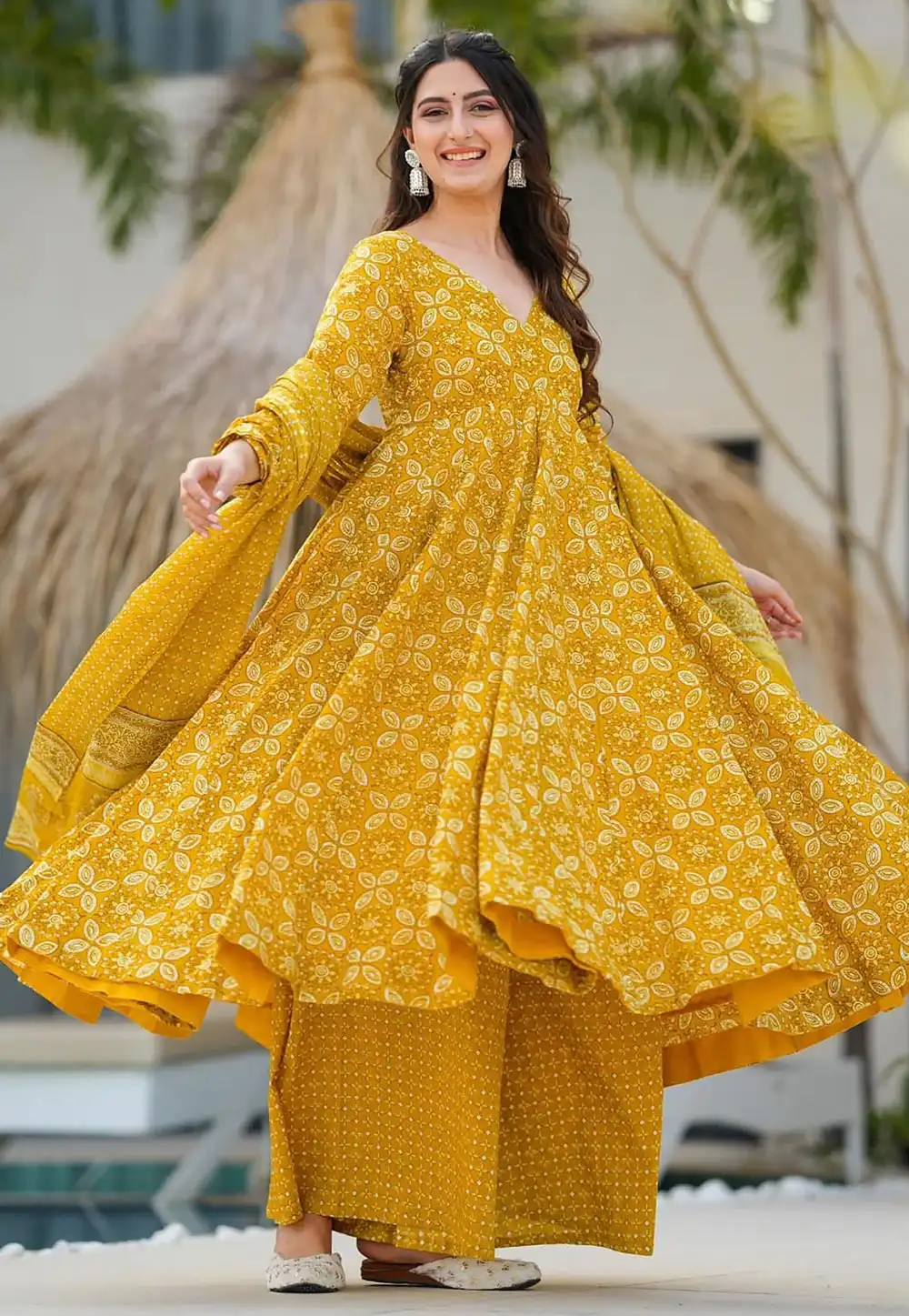Yellow Muslin Readymade Palazzo Suit 307447