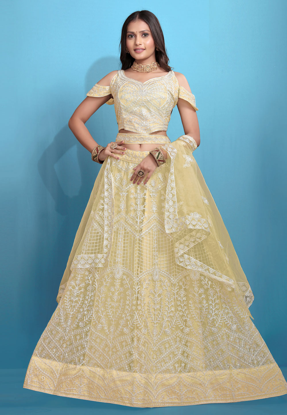 Yellow Net A Line Lehenga Choli 318123