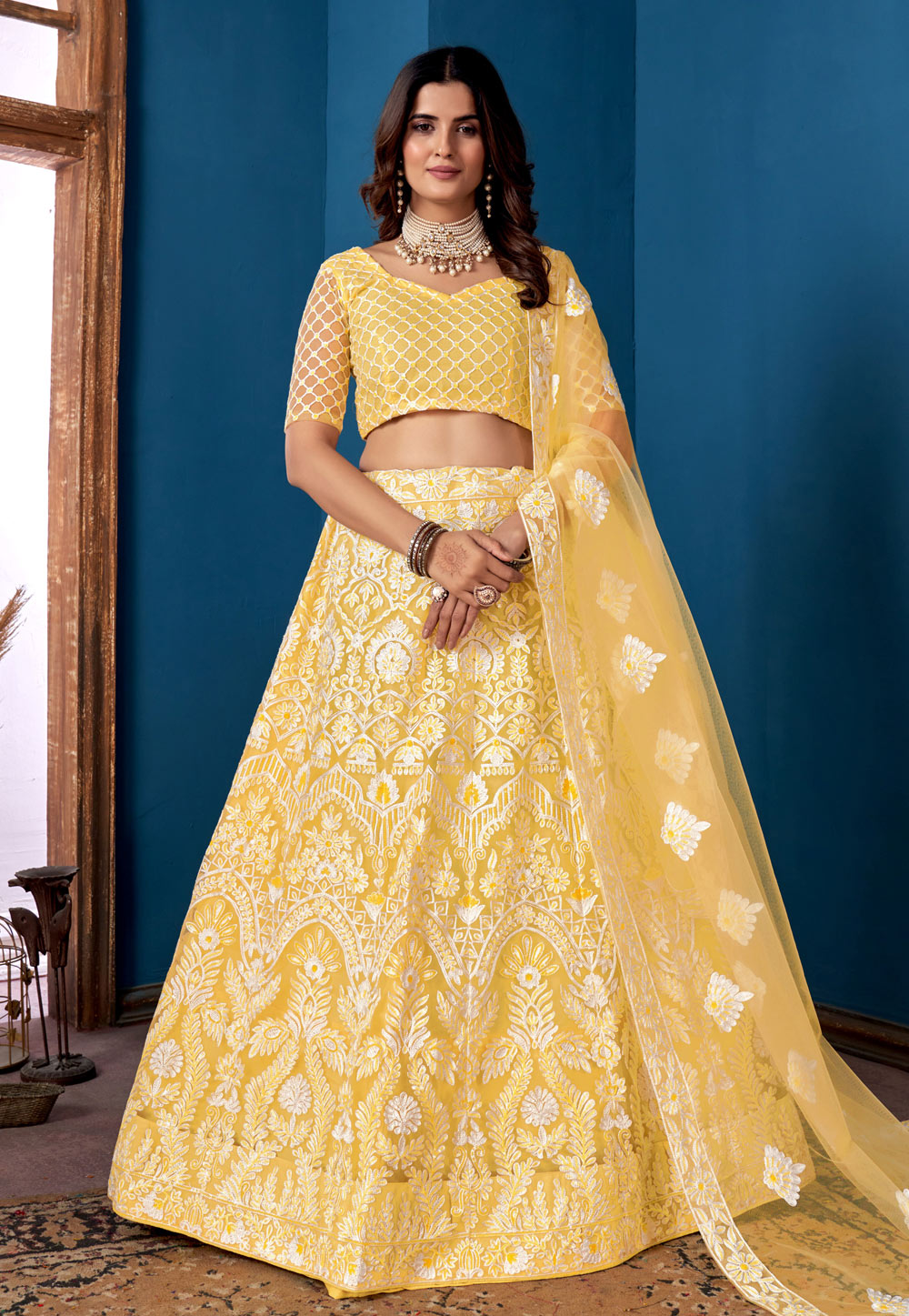 Yellow Net Circular Lehenga Choli 279053