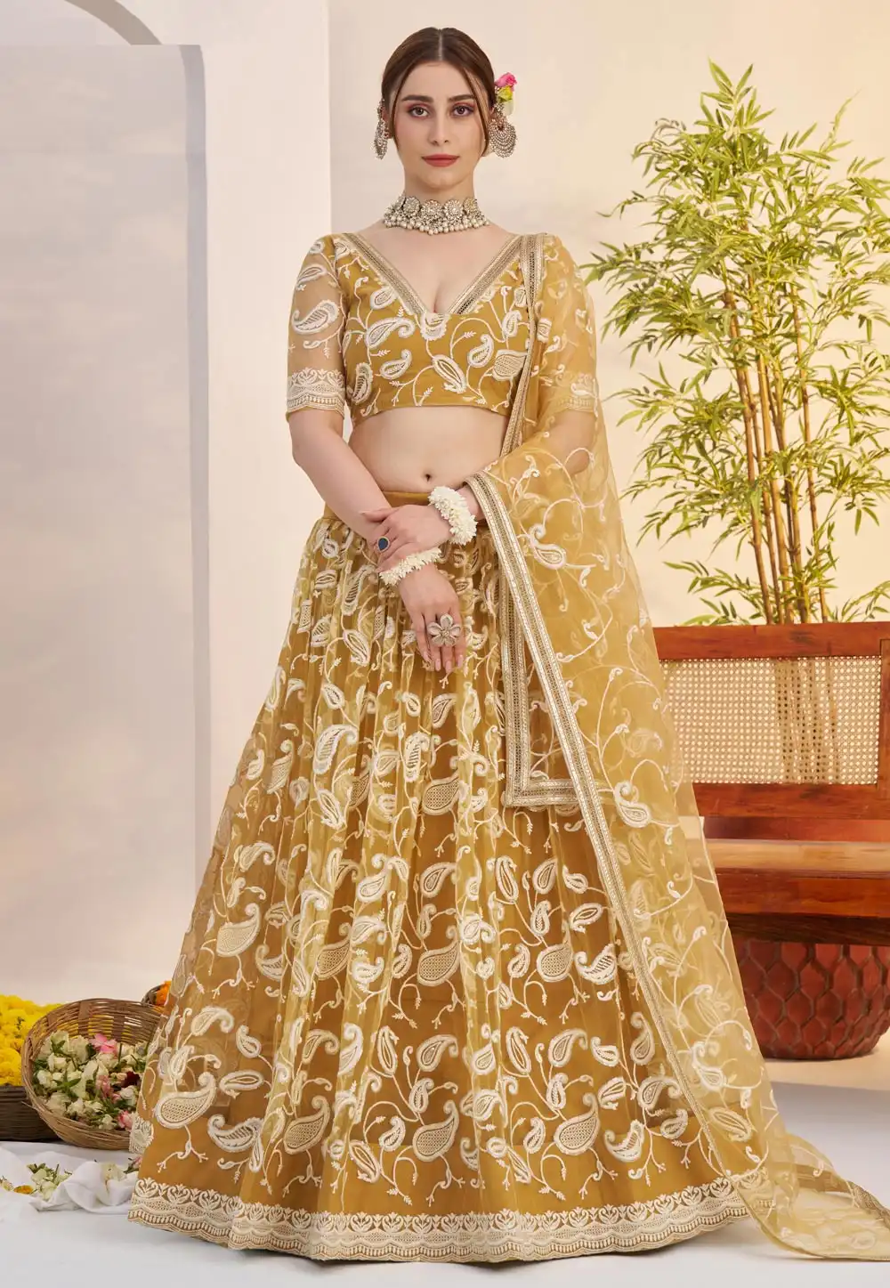 Yellow Net Circular Lehenga Choli 317327