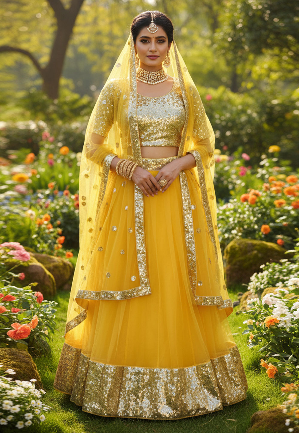 Yellow Net Lehenga Choli 320209