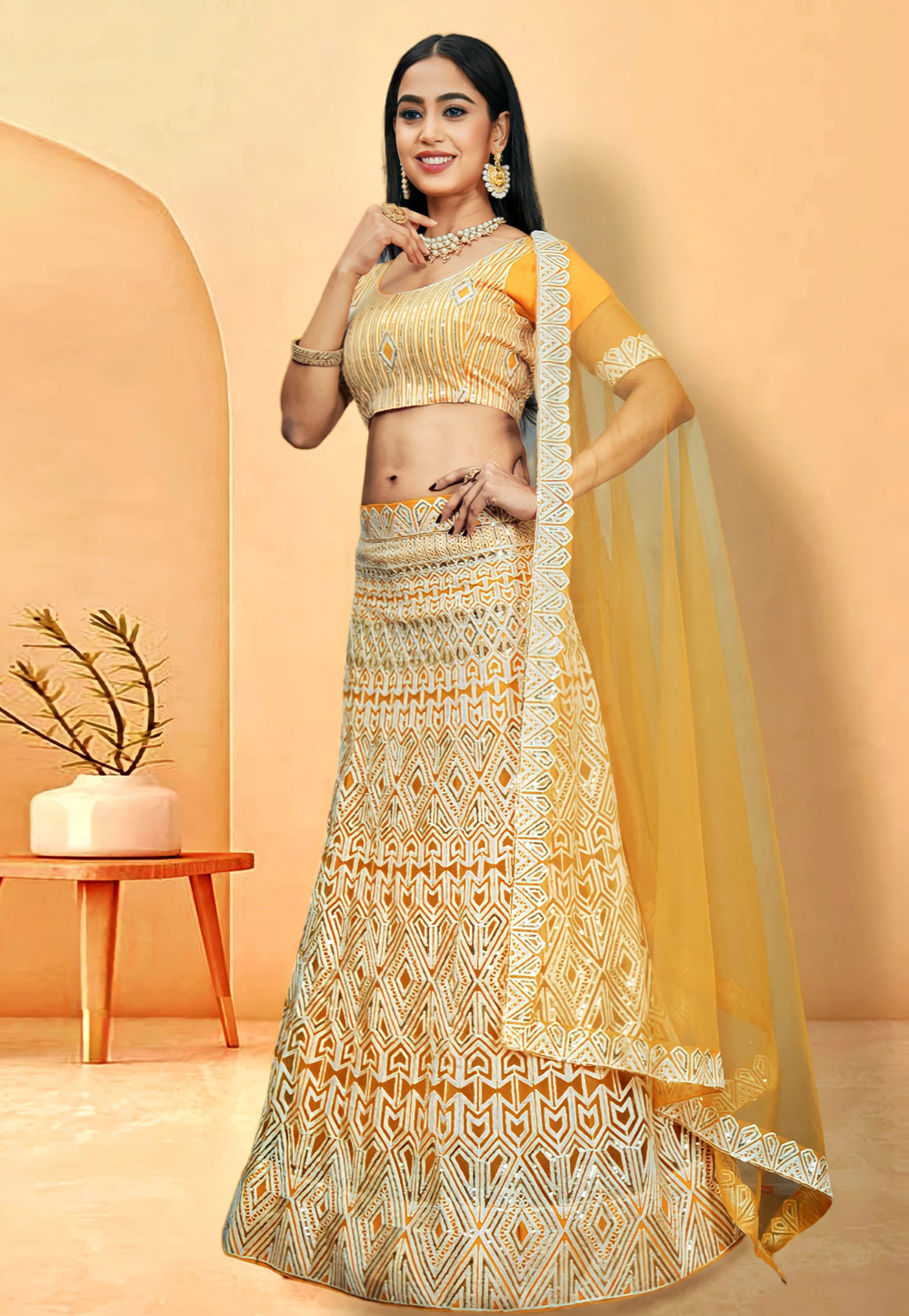 Yellow Net Lehenga Choli 287585