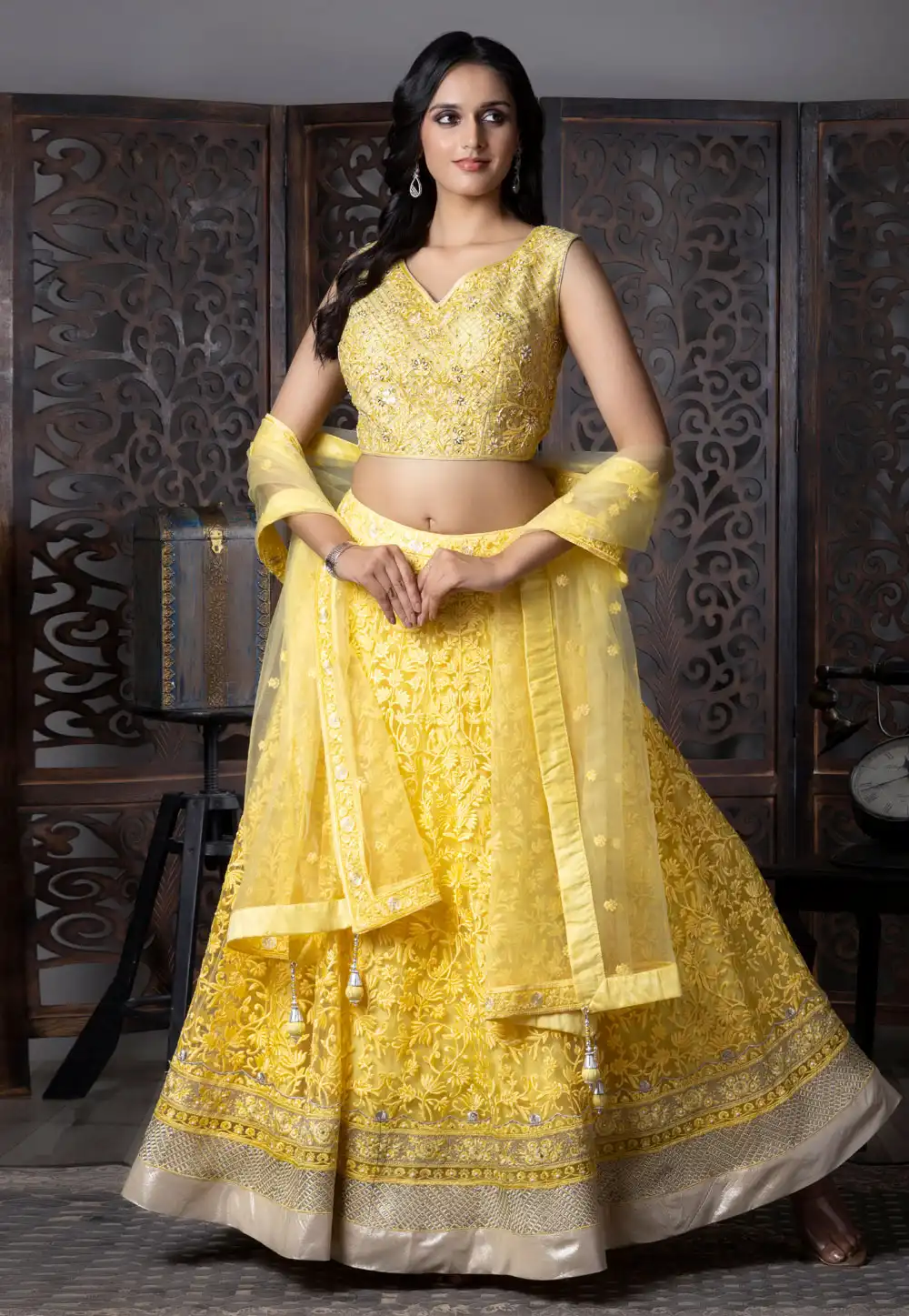Yellow Net Readymade A Line Lehenga Choli 307859
