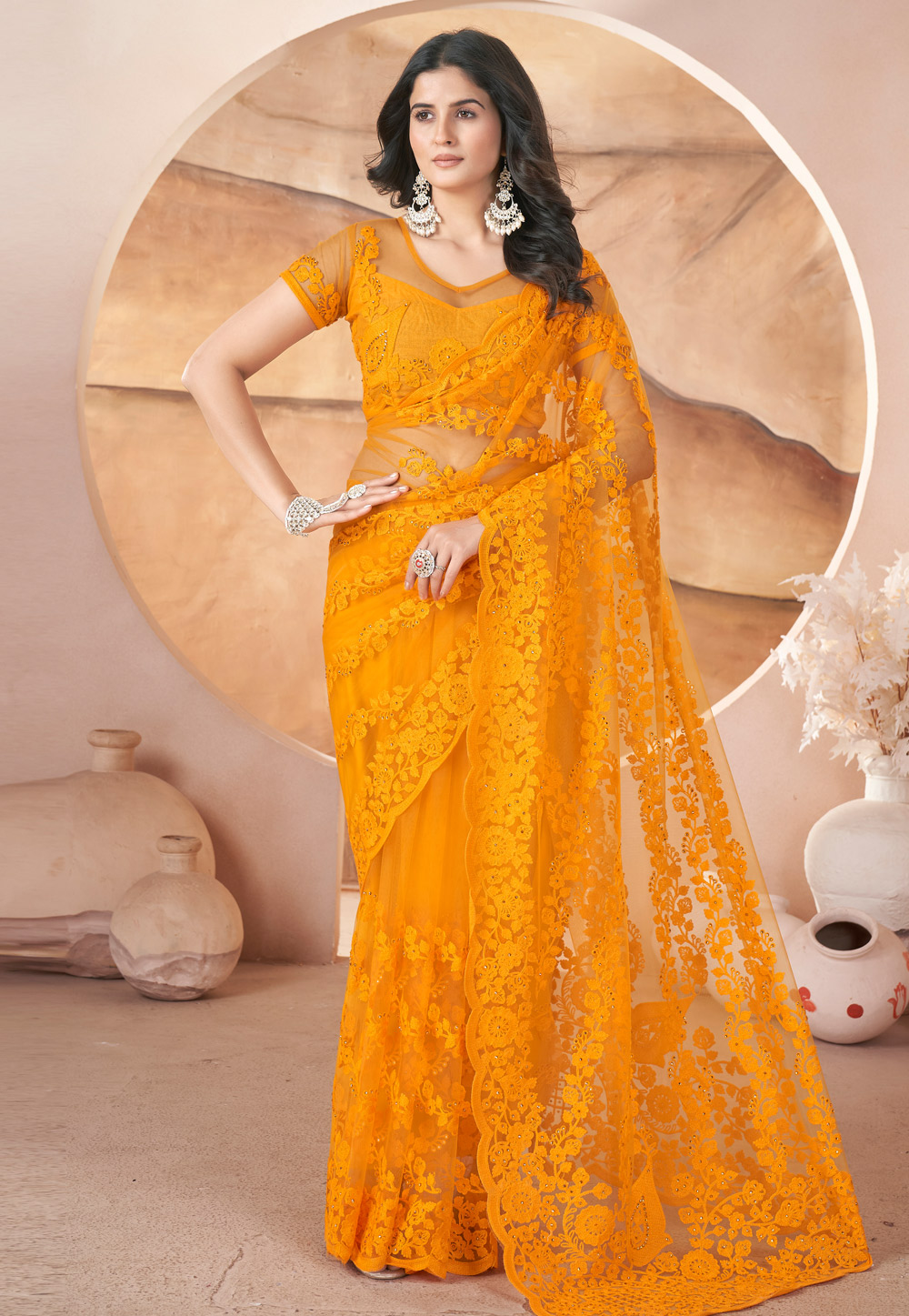 Yellow Net Saree With Blouse 309394