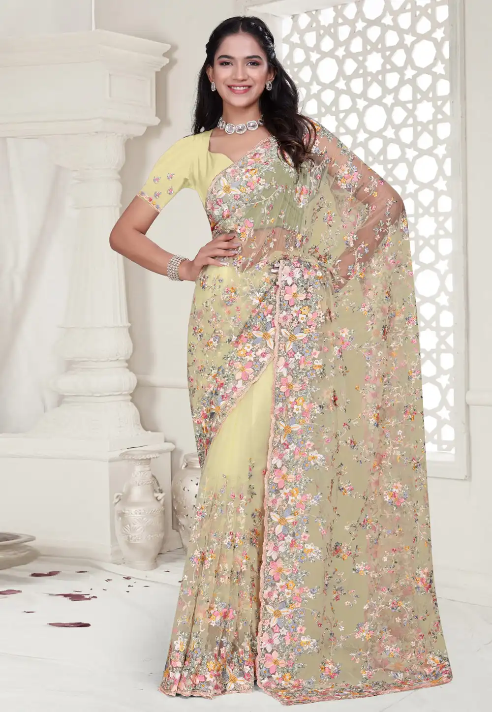 Yellow Net Saree With Blouse 313682