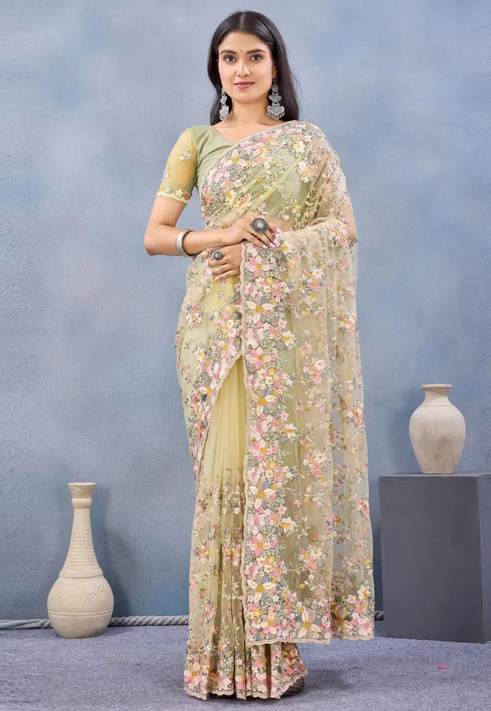 Yellow Net Saree With Blouse 327633