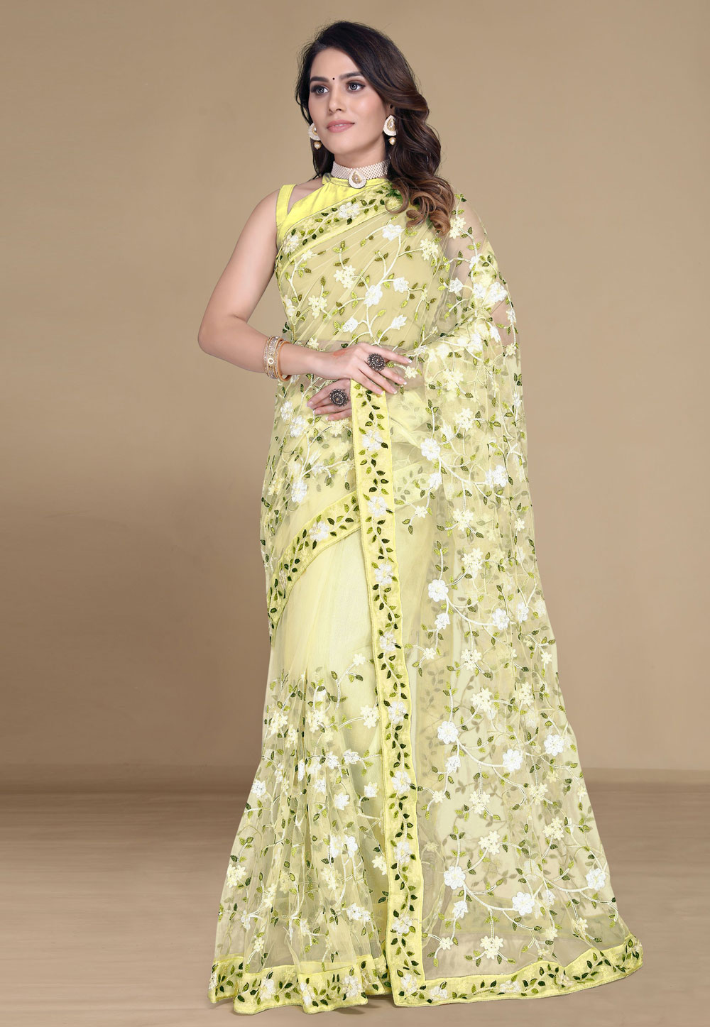 Yellow Net Saree With Blouse 311592