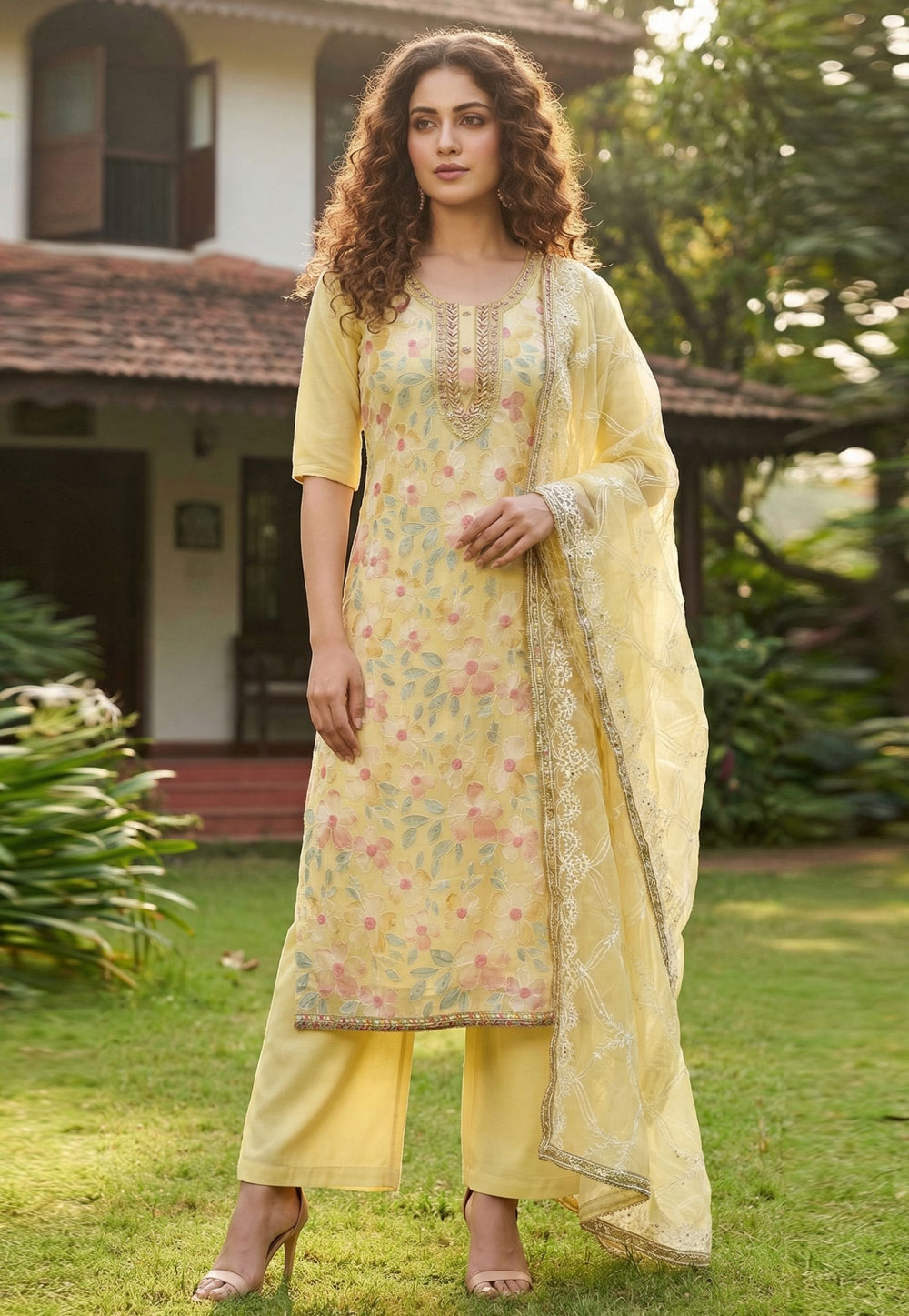 Yellow Organza Palazzo Suit 326449