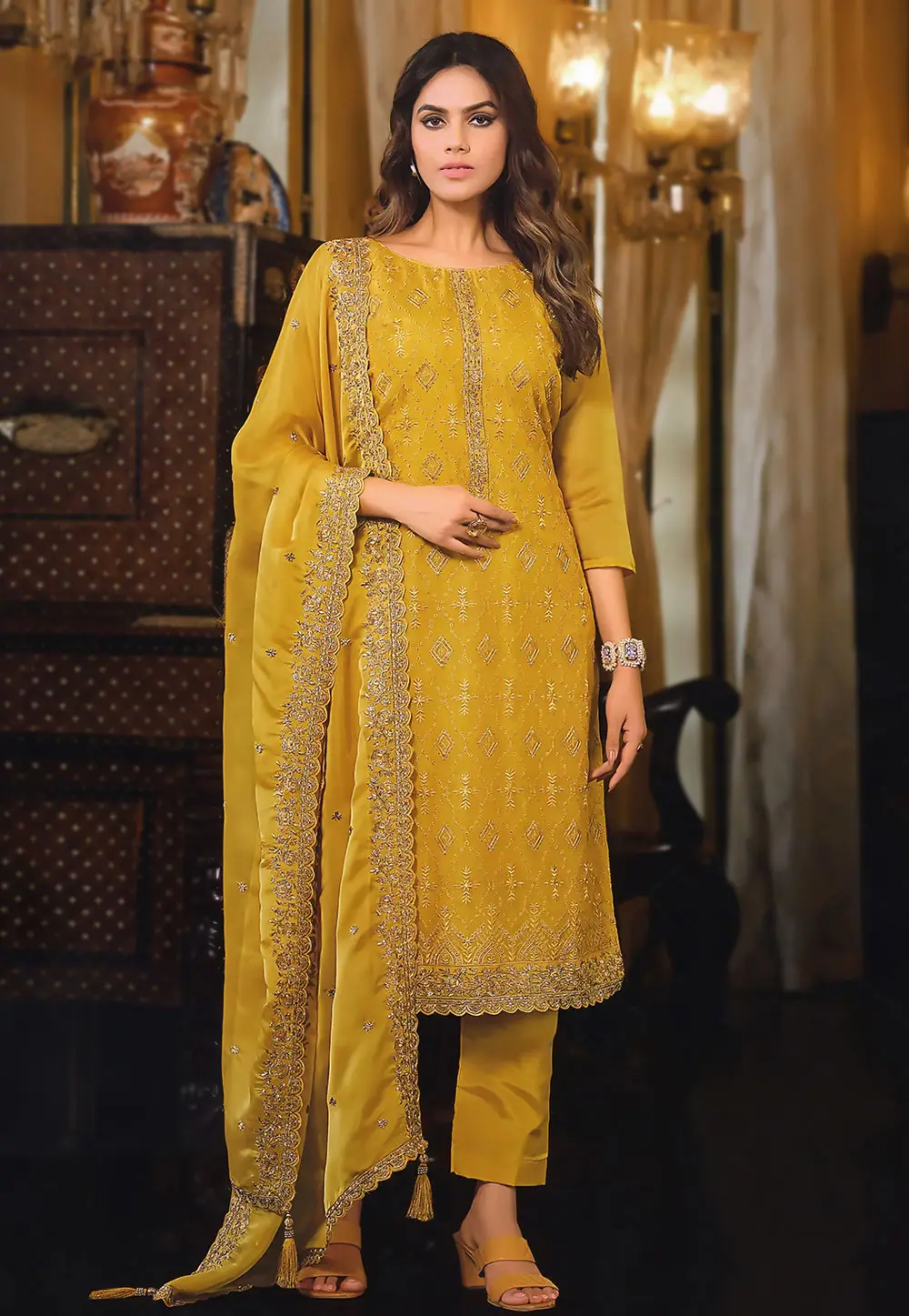 Yellow Organza Pant Style Suit 336788