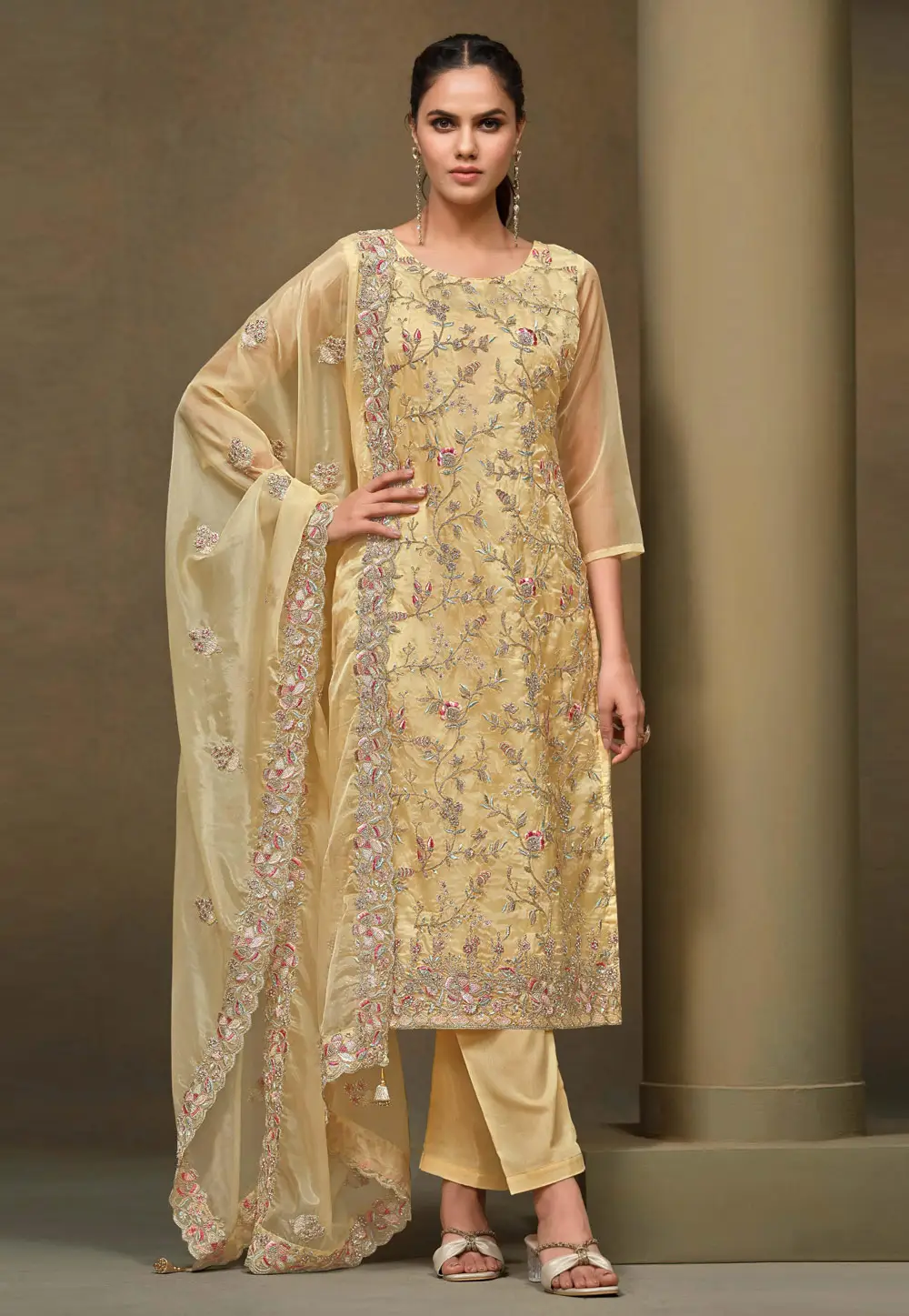 Yellow Organza Pant Style Suit 336762