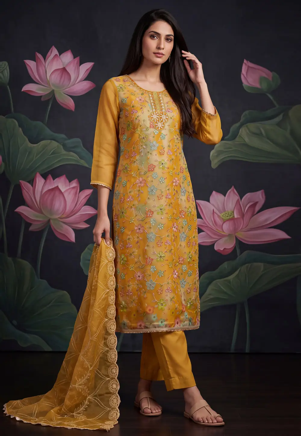 Yellow Organza Pant Style Suit 336363