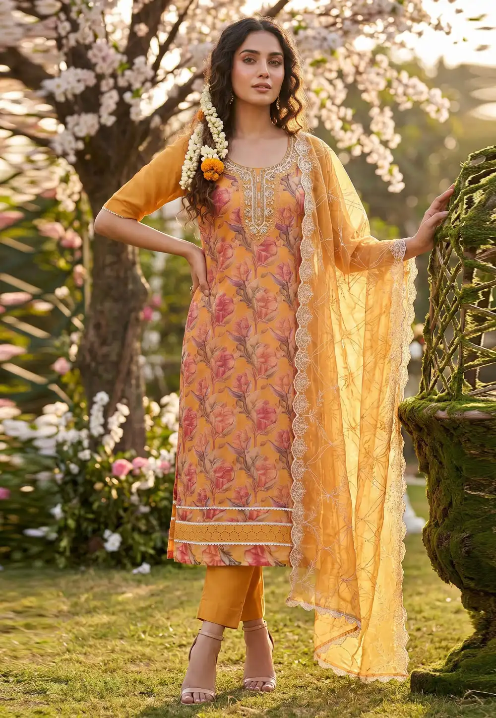 Yellow Organza Straight Suit 329362