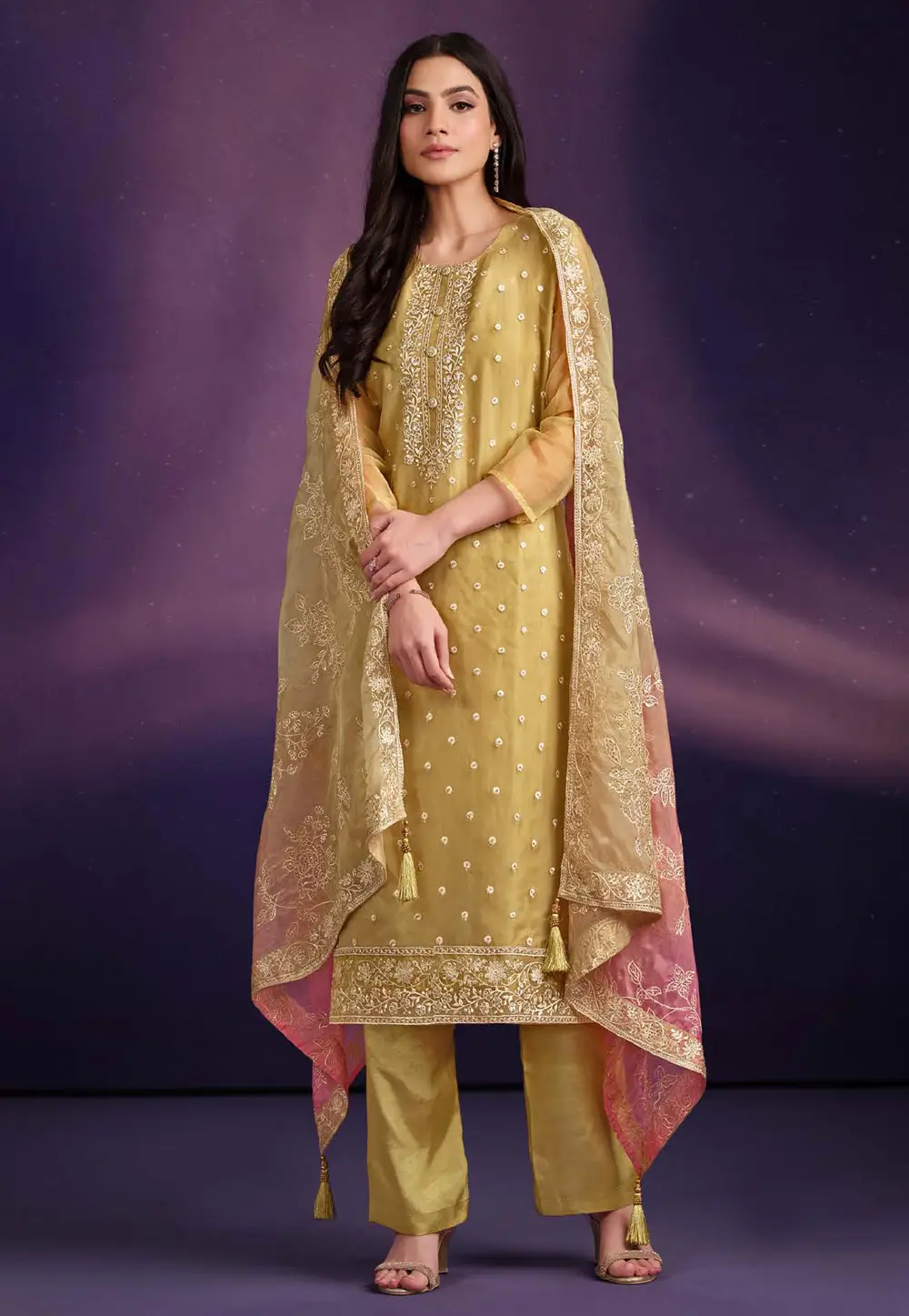Yellow Organza Straight Suit 336786