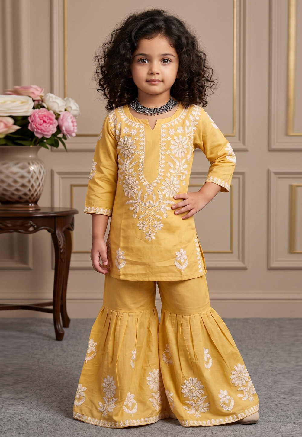 Yellow Rayon Kids Sharara Suit 329457