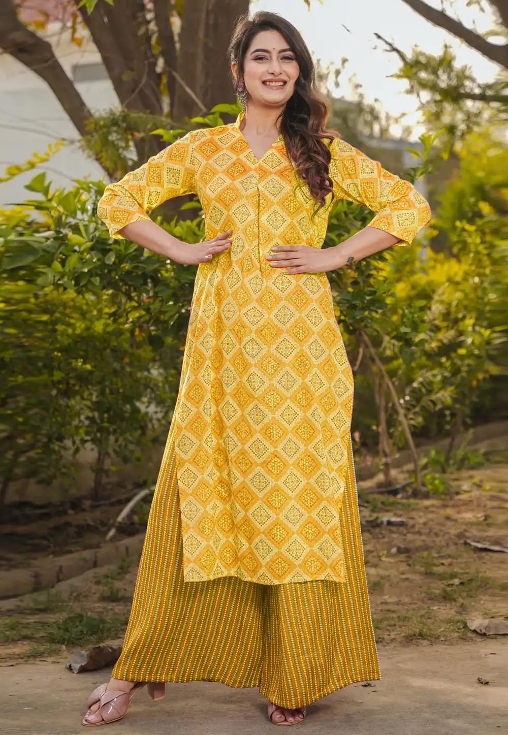 Yellow Rayon Kurta Set With Palazzo 281934