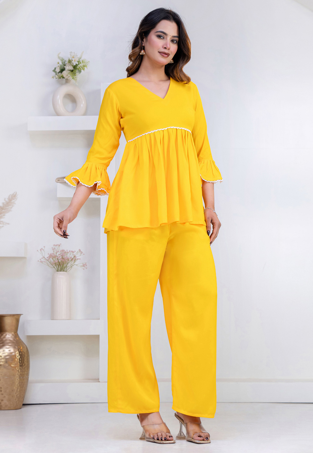 Yellow Rayon Kurta Set With Palazzo 327275