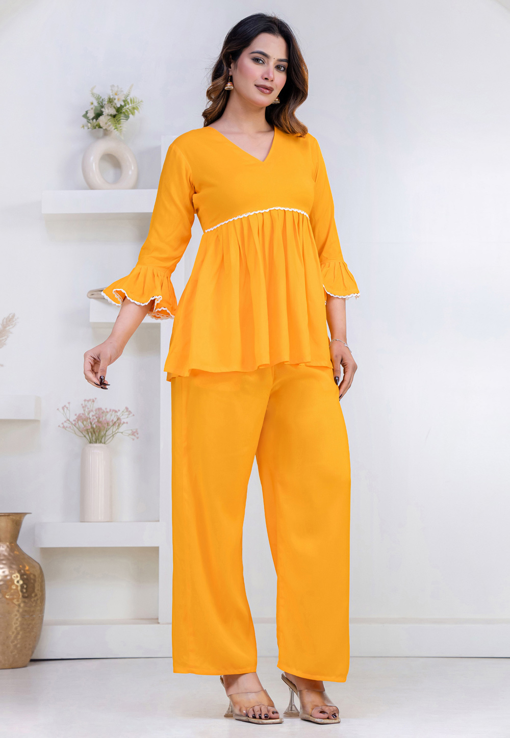 Yellow Rayon Kurta Set With Palazzo 327280