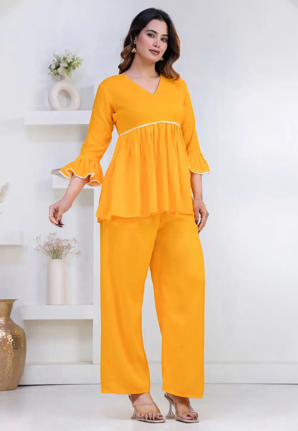 Yellow Rayon Kurta Set With Palazzo 327280