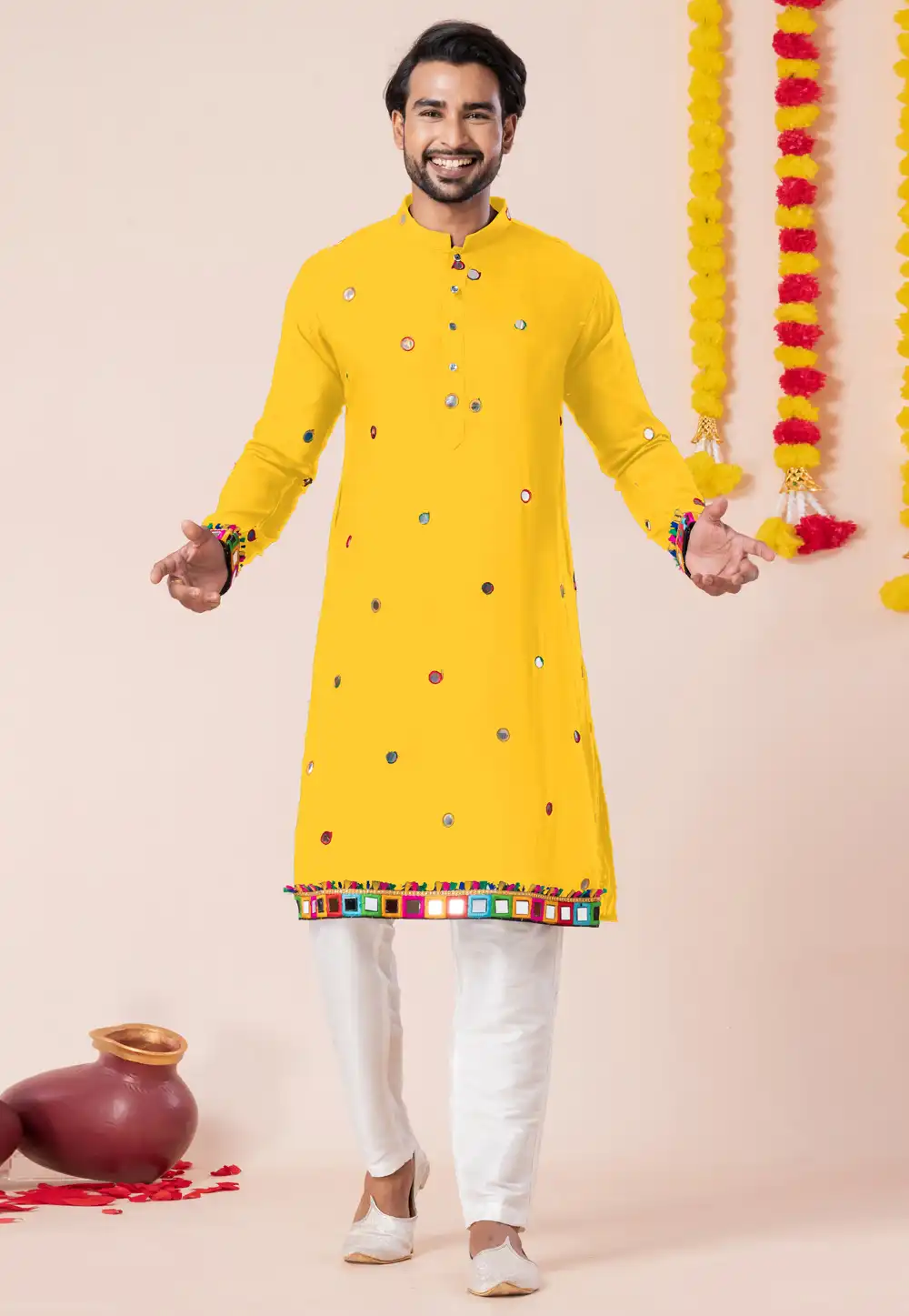 Yellow Rayon Navratri Kurta Pajama 315894