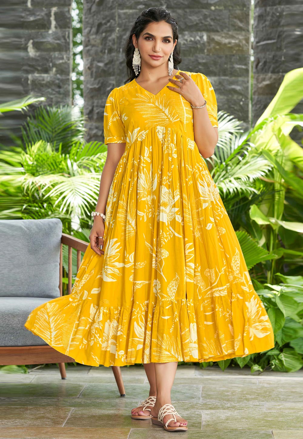 Yellow Rayon Printed Gown 328649