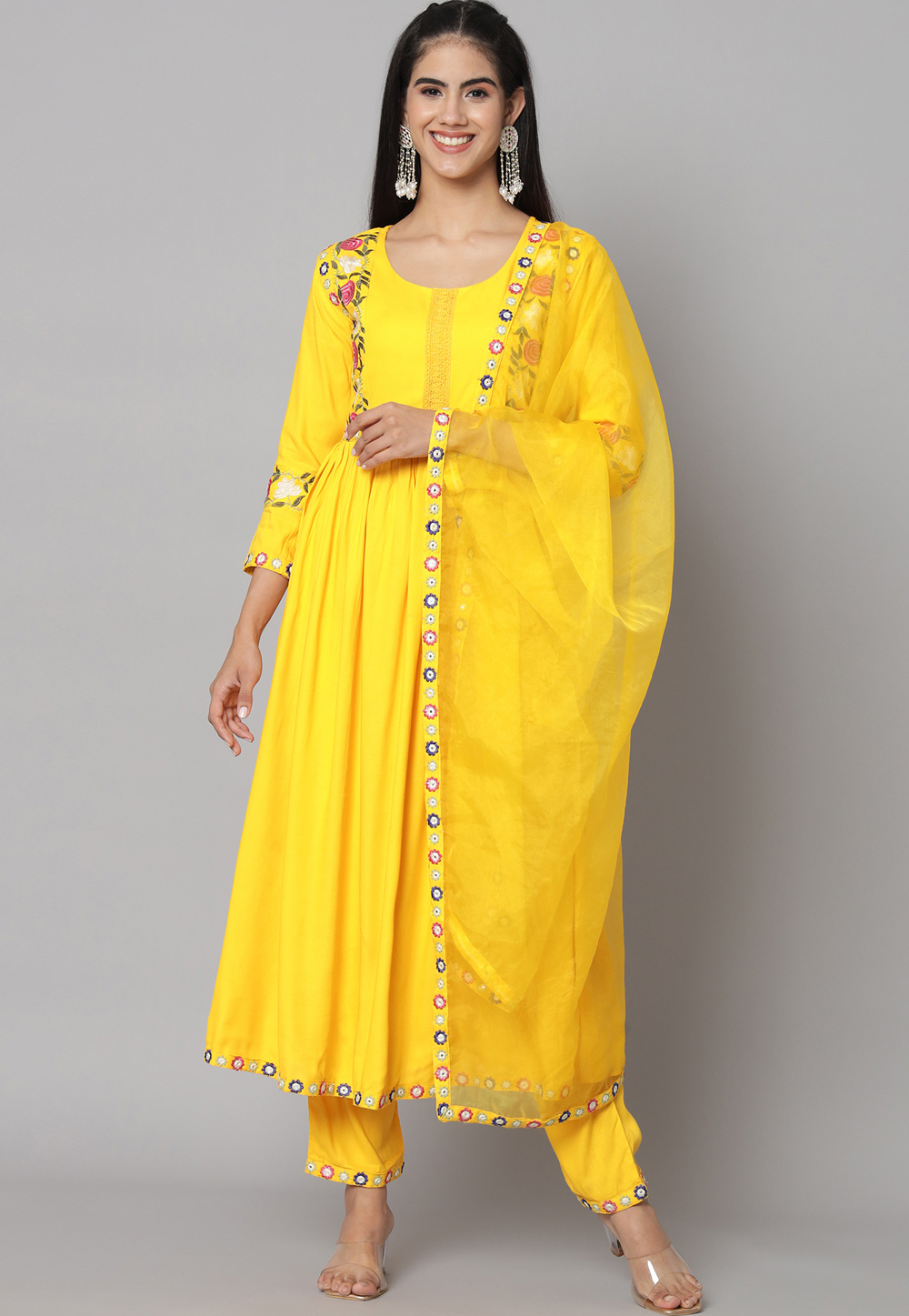 Yellow Rayon Readymade Anarkali Suit 308669