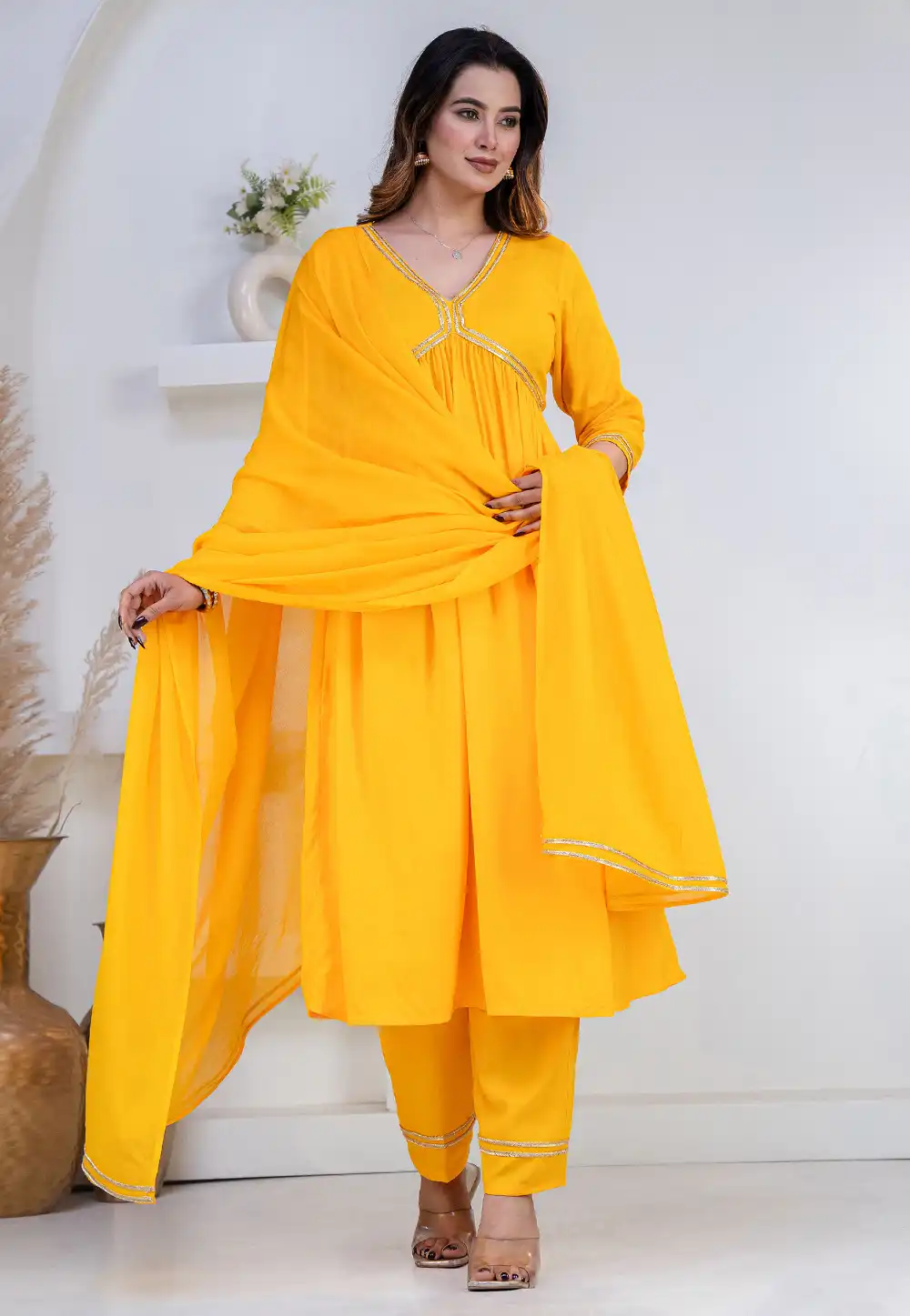 Yellow Rayon Readymade Anarkali Suit 325446