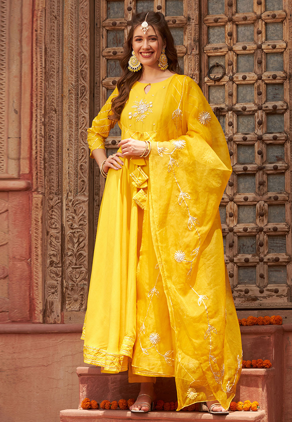 Yellow Rayon Readymade Pant Style Suit 308289
