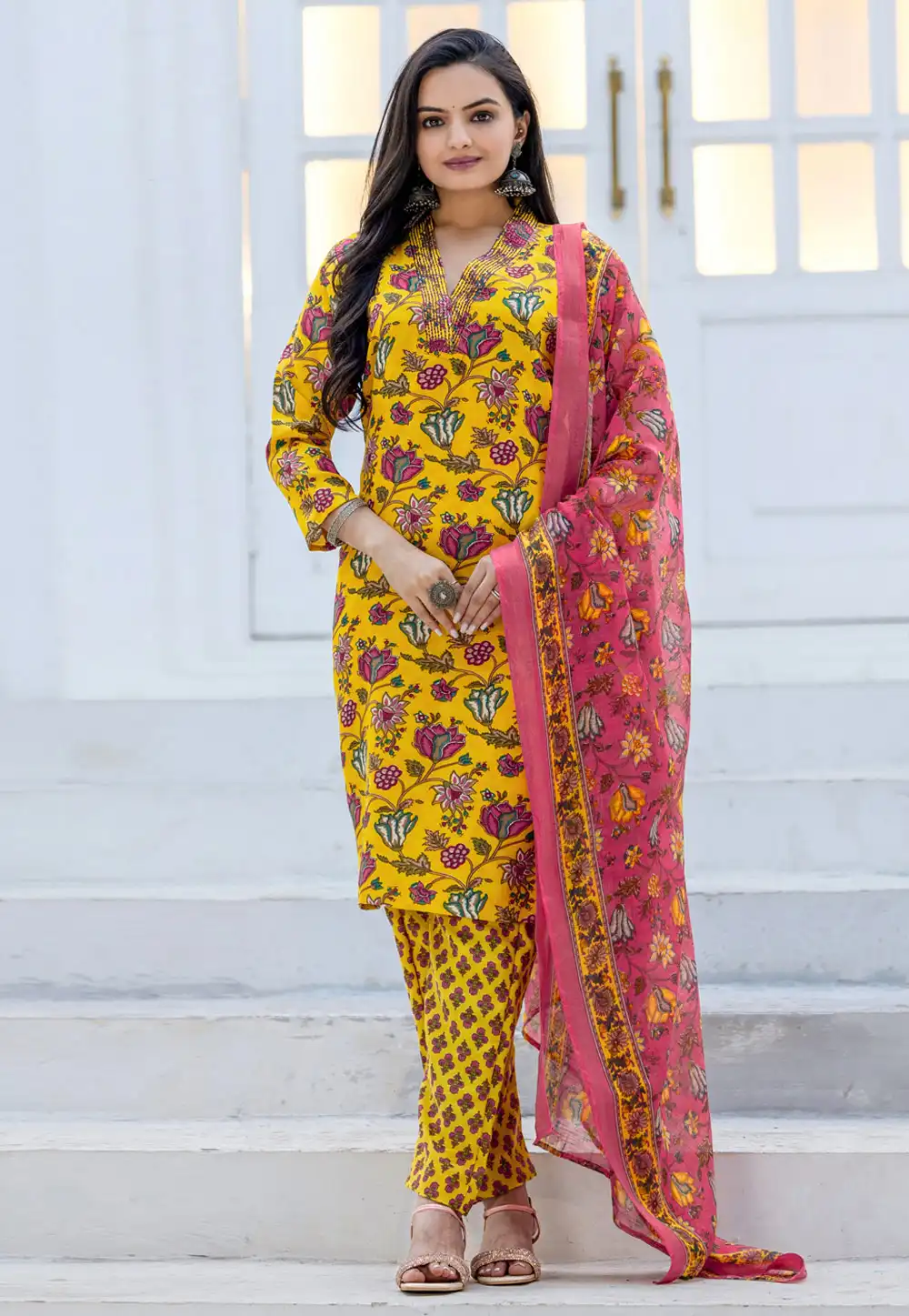 Yellow Rayon Readymade Pant Style Suit 316284