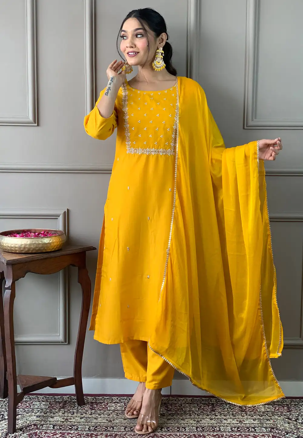 Yellow Rayon Readymade Pant Style Suit 330844