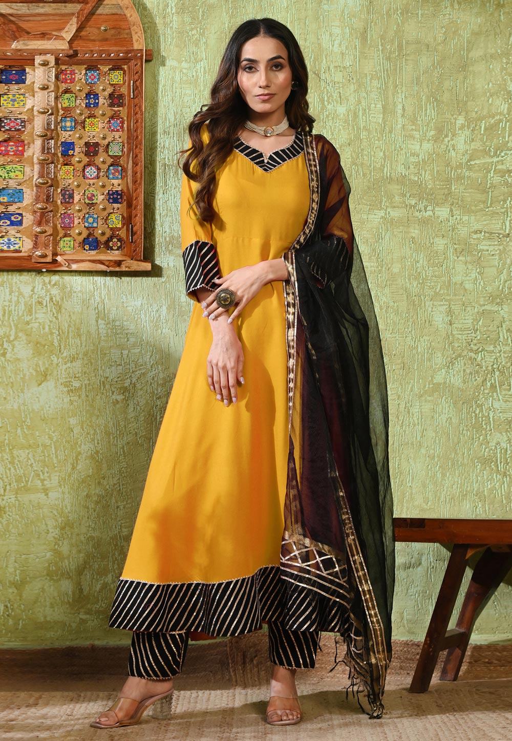 Yellow Rayon Readymade Pant Style Suit 326584