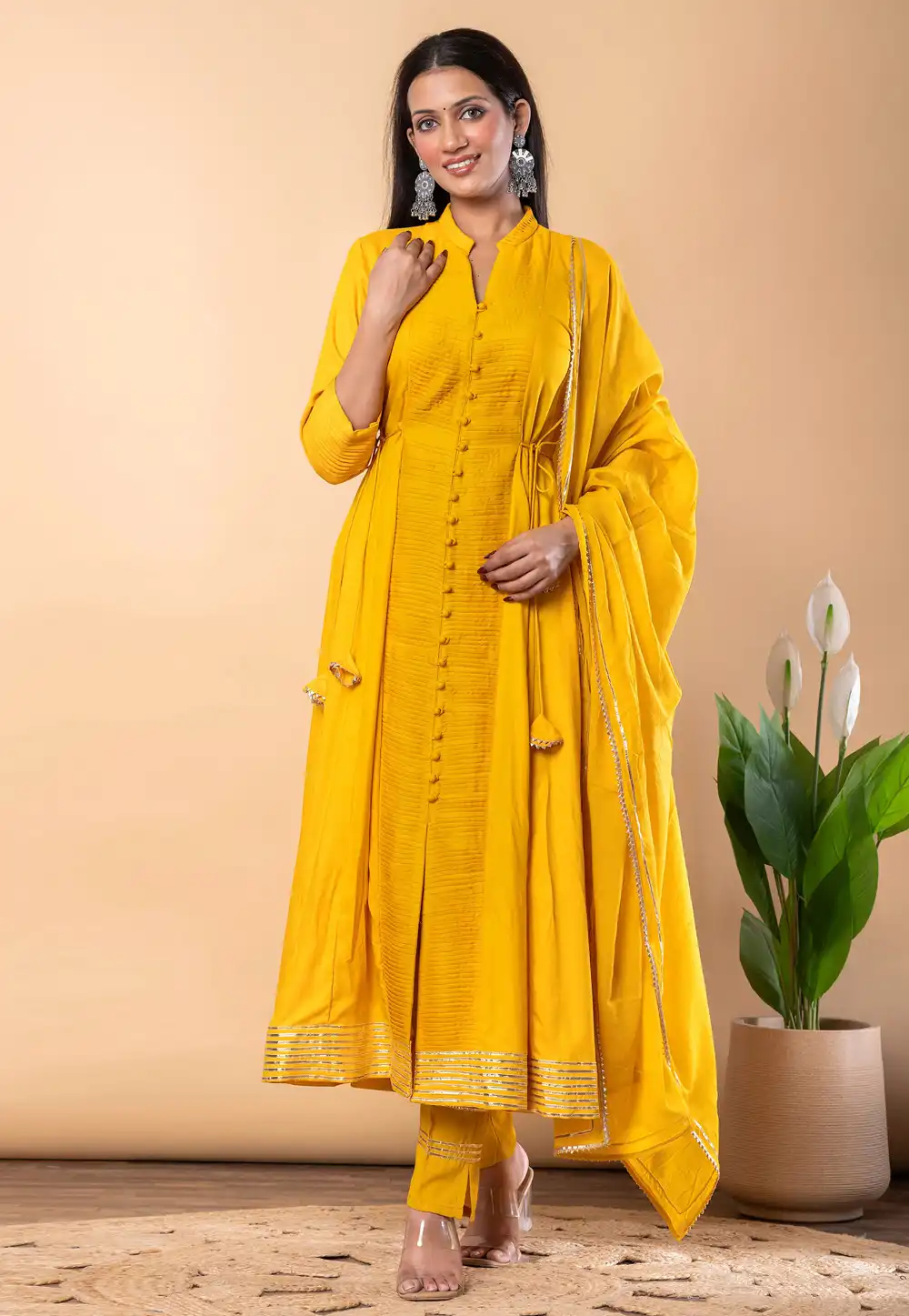 Yellow Rayon Readymade Pant Style Suit 317105