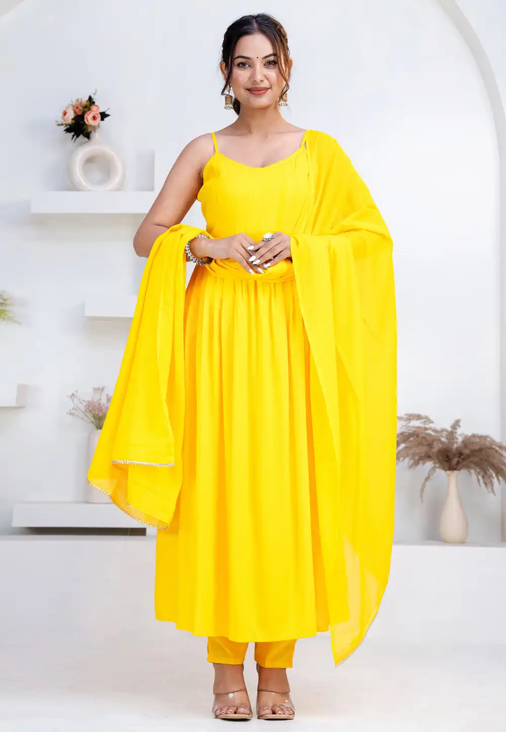 Yellow Rayon Readymade Pant Style Suit 325428