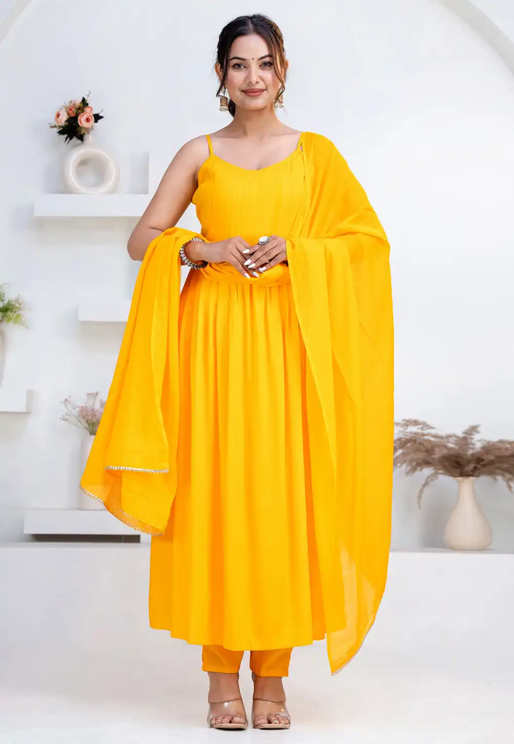 Yellow Rayon Readymade Pant Style Suit 325430