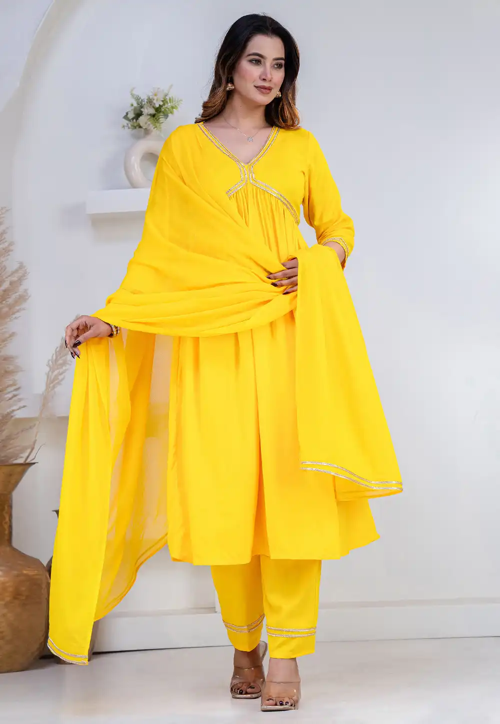Yellow Rayon Readymade Pant Style Suit 325441