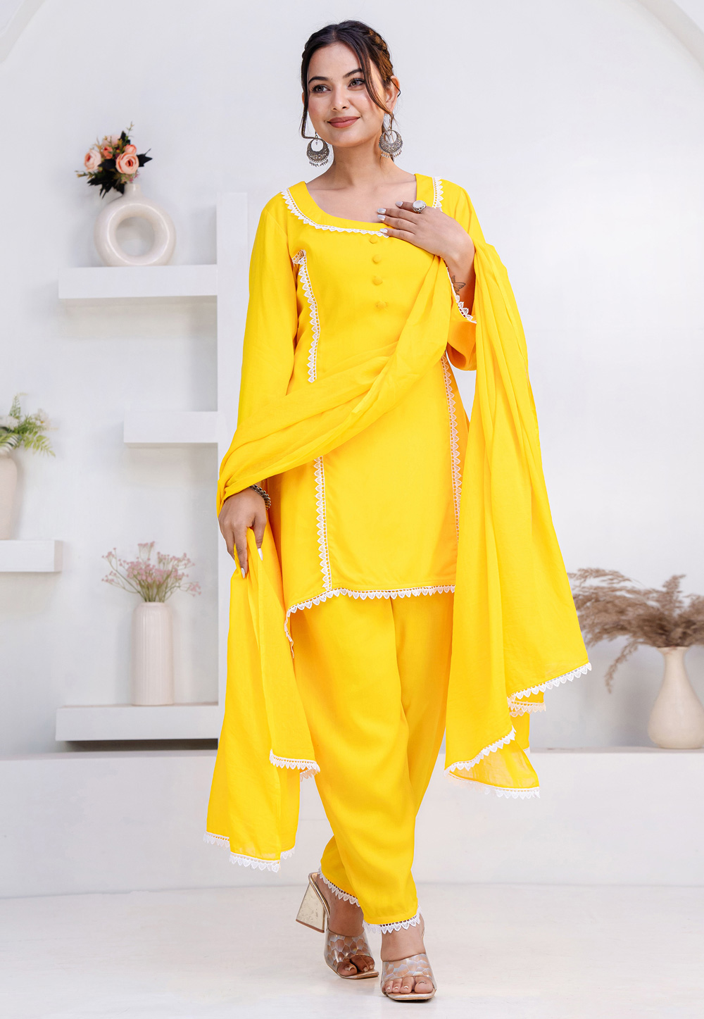 Yellow Rayon Readymade Pant Style Suit 325454