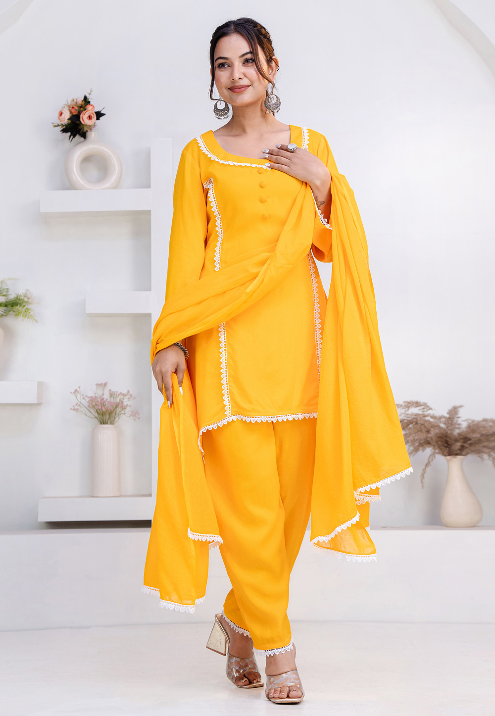 Yellow Rayon Readymade Pant Style Suit 325456