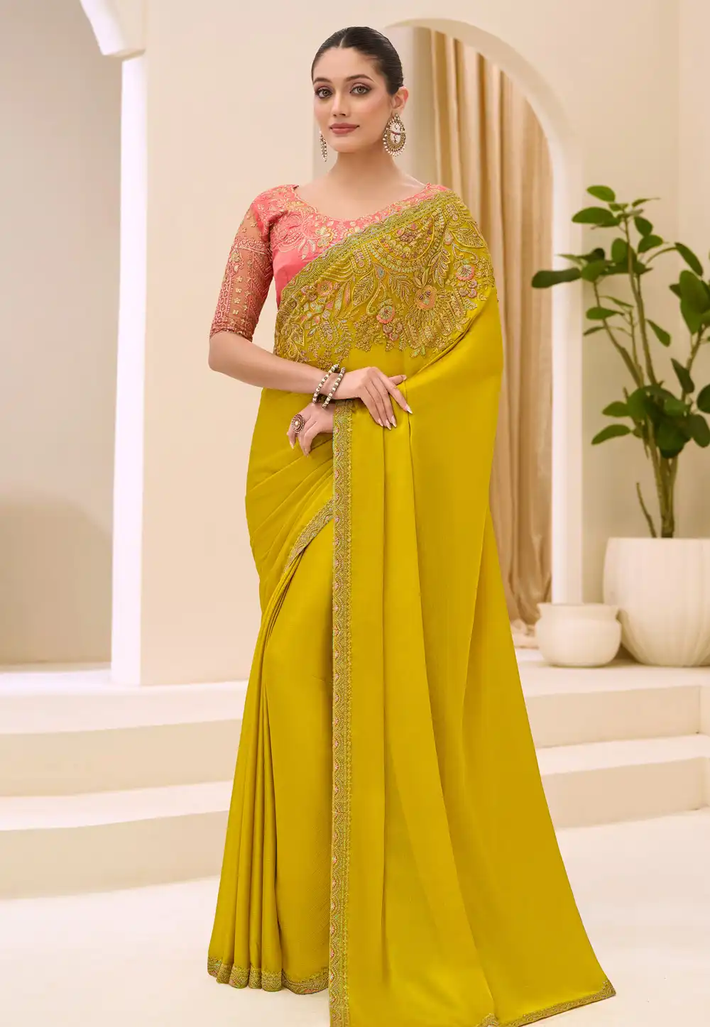 Yellow Satin Chiffon Saree With Blouse 326390