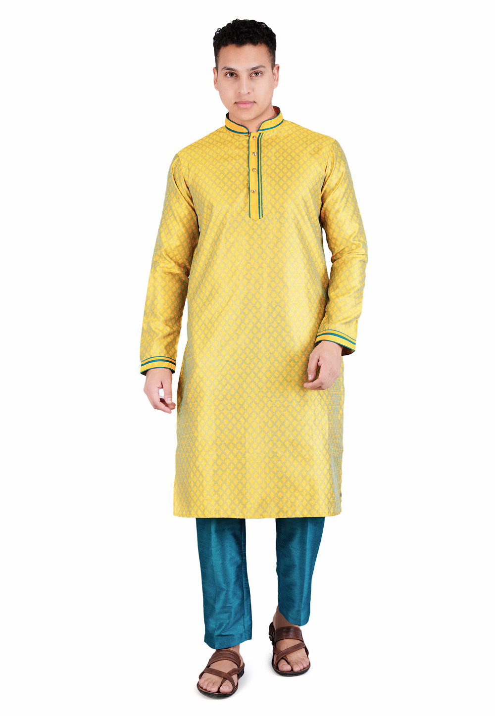 Yellow Satin Jacquard Kurta Pajama 278233