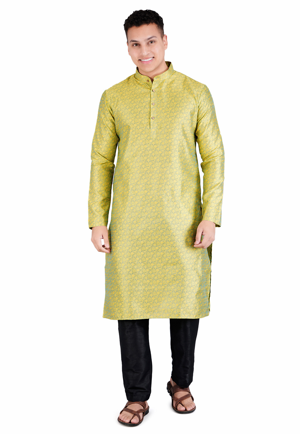 Yellow Satin Jacquard Kurta Pajama 278240